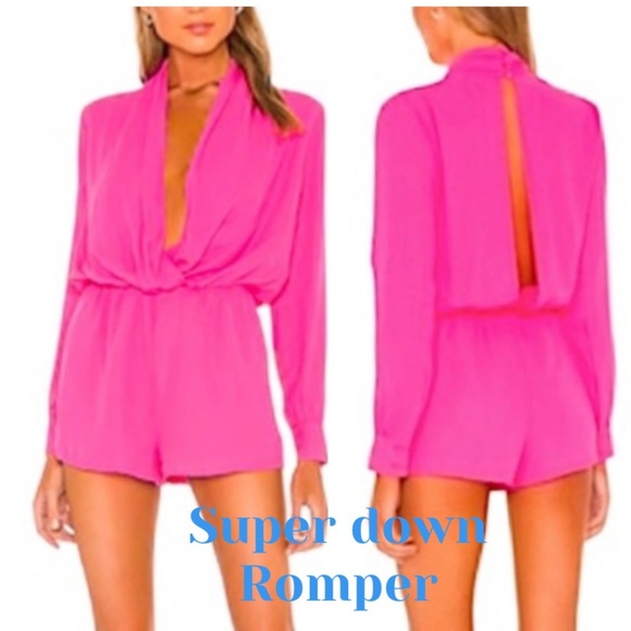 Revolve Superdown Kaycie Drape Neck Romper in Hot Pink elastic waist NWT - Picture 2 of 9